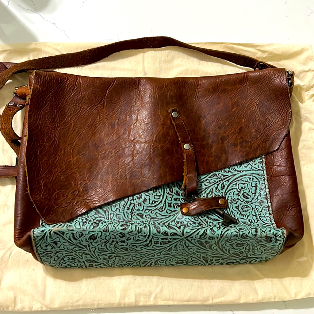 Brown Leather And Turquoise Pattern Crossbody Bag